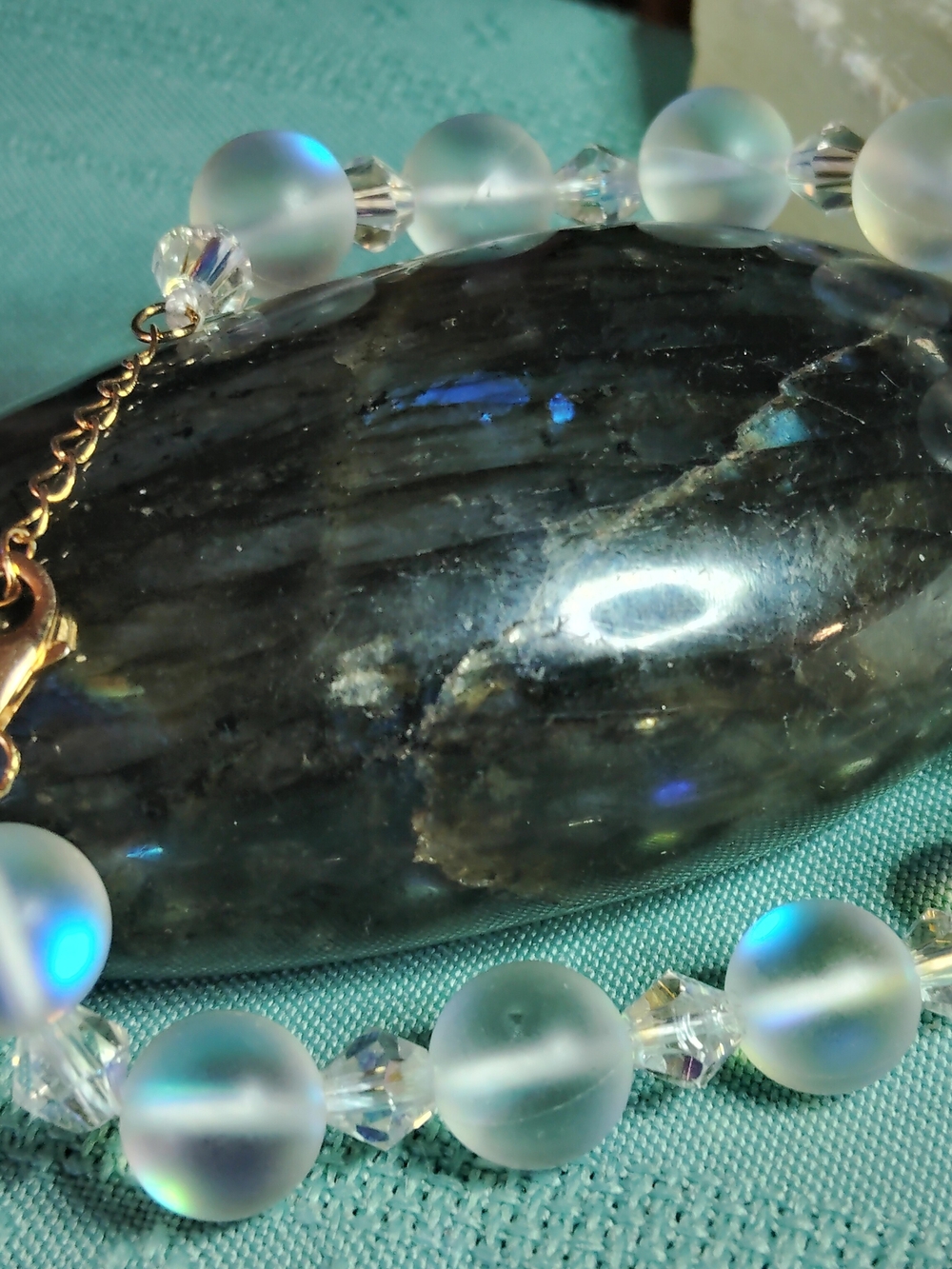 AURORA BOREALIS, NATURAL LEAD CRYSTAL BRACELET.7-8.5" ADJUSTABLE 14K GOLD CLASP